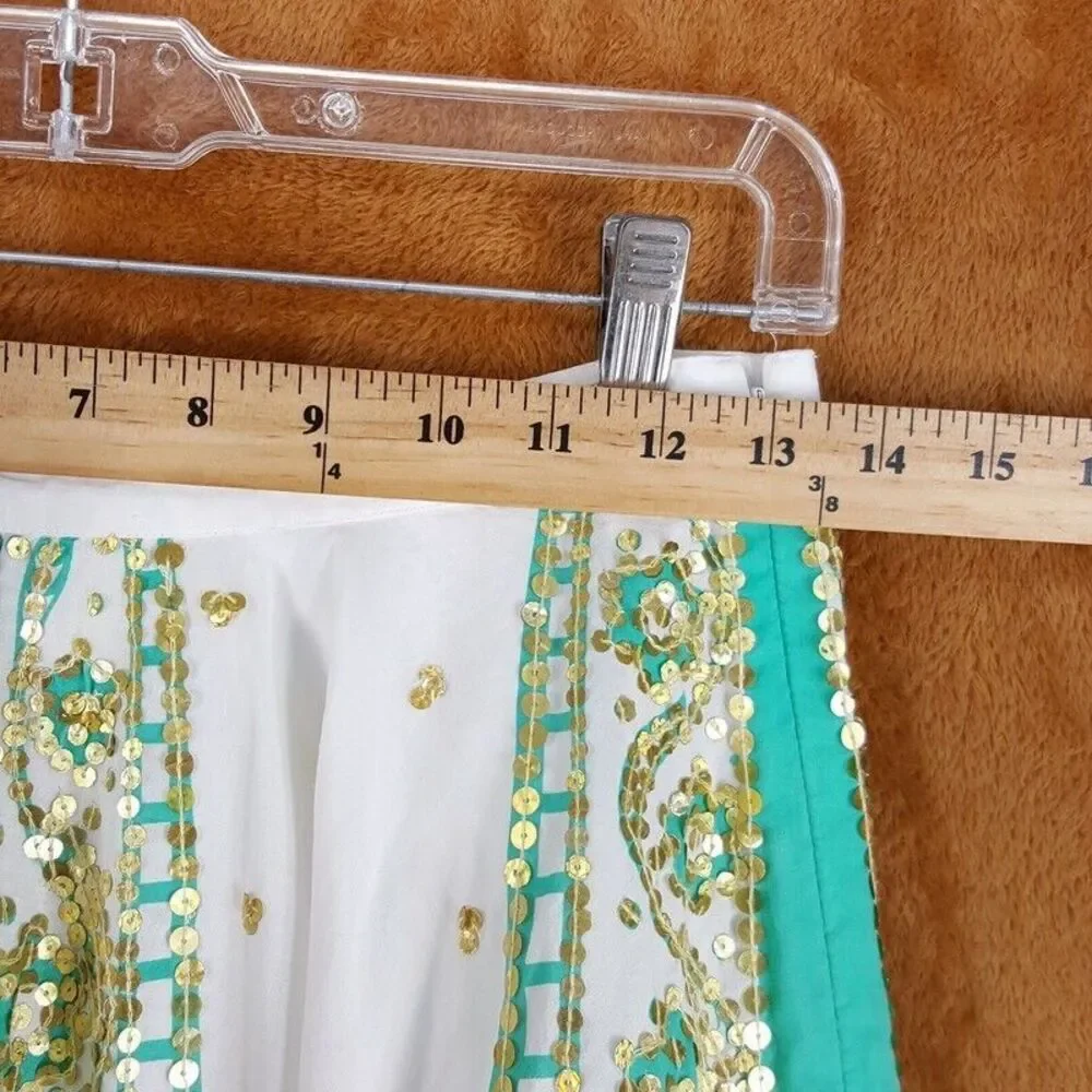 MILLY Skirt Womens Petite P Green Midi Boho Pleated Peasant White Gold Lined